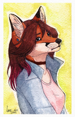 anthro black_body black_fur black_nose blue_eyes breasts brown_hair clothed clothing dipstick_ears ear_markings ear_piercing female fur hair inner_ear_fluff markings multicolored_ears neck_markings orange_body orange_fur piercing solo tuft whiskers lynjox canid canine fox mammal 2015 half-length_portrait portrait traditional_media_(artwork)