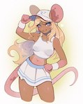 anthro blonde_hair bottomwear breasts brown_body clothing female hair hand_on_hip hat headgear headwear long_hair long_tail looking_at_viewer medium_breasts midriff mouth_closed round_ears simple_background skirt smile solo sportswear tail tennis_uniform uniform white_background wristband cepto_(artist) mammal mouse murid murine rodent hi_res