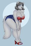 anthro bent_over big_breasts breasts cleavage clothed clothing collar female footwear fur grey_body grey_fur hair high_heels markings mature_anthro mature_female mole_(marking) shoes short_hair simple_background solo thick_thighs wide_hips catsmeow thea_(specterhsc) canid canine canis mammal wolf absurd_res hi_res