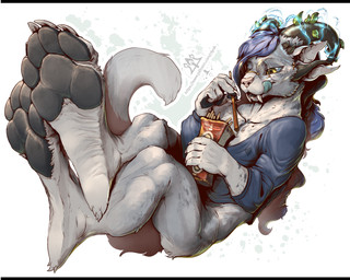 anthro barefoot claws clothing feet female foot_focus fur horn licking licking_lips pawpads paws smile soles solo tail teeth toes tongue tongue_out kredri guild_wars charr felid mammal