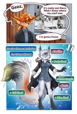 ambiguous_gender anthro clothing coat dress eyewear female fur gender_transformation glasses jewelry orange_body orange_fur solo species_transformation spots tail text topwear transformation wearing_glasses white_body white_fur p-aei lockely arctic_fox canid canine fox mammal red_fox true_fox absurd_res comic english_text hi_res