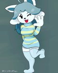 anthro anthrofied breasts cleavage clothed clothing female fur hair one_eye_closed one_hand_up one_leg_up open_mouth raised_leg simple_background smile solo text topwear white_body white_fur wink krisandmiyu undertale undertale_(series) temmie_(undertale) canid canine felid feline mammal tem 4:5 hi_res