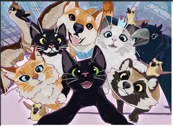 ambiguous_gender black_body black_eyes black_feathers black_fur blue_eyes brown_body brown_eyes brown_feathers brown_fur city city_background countershading feathers feral flying fur glistening glistening_eyes green_eyes group group_photo happy kerchief paws smile whiskers yellow_eyes young micah_breitweiser little_kitty_big_city big_potato_(lkbc) crow_(lkbc) little_kitty_(lkbc) mayor_cat_(lkbc) taffy_(lkbc) tanuki_(lkbc) veteran_cat_(lkbc) anatid anseriform avian bird canid canine domestic_cat duck felid feline felis mammal raccoon_dog tabby_cat tanuki 2024 3d_(artwork) detailed digital_media_(artwork) official_art shaded