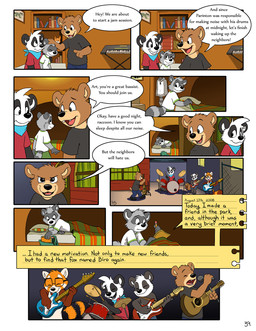 anthro bed bedroom bottomwear bus_stop_sign cheek_tuft clothed clothing detailed_background dialogue dipstick_tail drum drum_set electric_guitar eyewear facial_tuft feet_together footwear fully_clothed furniture gloves_(marking) grabbing_from_behind guitar hug jacket male markings musical_instrument notebook percussion_instrument plucked_string_instrument plushie shoes smile speech_bubble string_instrument swing tail tail_markings text topwear tuft pandapaco art_(pandapaco) julio_(pandapaco) nemo_(pandapaco) parinton ailurid bear canid canine fox giant_panda human mammal mouse murid murine procyonid raccoon rodent comic english_text hi_res