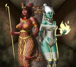 armlet armor bandage clothed clothing dress duo ear_piercing ear_ring egyptian egyptian_clothing egyptian_headdress elemental_manipulation female fire fire_manipulation forked_tail gauntlets gloves green_body green_skin hair hairless_ears handwear headdress jewelry legwear long_ears long_tail mummy_wrappings muscular muscular_female pasties piercing red_body red_eyes red_skin ring_piercing staff stockings tail unusual_anatomy unusual_tail yellow_eyes malcolm_douglas egyptian_mythology middle_eastern_mythology mythology humanoid mammal mummy set_(species) undead hi_res