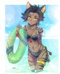 4_ears beach bikini black_hair bracelet breasts brown_body brown_skin brown_stripes clothed clothing dark_body dark_skin detailed_background ear_piercing female fully_clothed hair human_and_animal_ears jewelry legs_in_water looking_at_viewer midriff multi_ear outside partially_submerged piercing ribbons seaside short_hair solo standing standing_in_water striped_body striped_skin stripes submerged_legs swimwear thighlet two-piece_swimsuit water yellow_eyes iesupa rooster_teeth rwby sienna_khan animal_humanoid bengal_tiger faunus felid felid_humanoid humanoid mammal mammal_humanoid pantherine pantherine_humanoid tiger tiger_humanoid 2017 hi_res