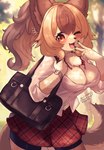 alternative_fashion anthro big_breasts blush bottomwear bracelet breasts brown_body brown_eyes brown_fur cleavage clothed clothing collared_shirt countershade_fur countershading dress_shirt fangs female fur gesture gyaru hair hand_gesture holding_bag inner_ear_fluff j-fashion jewelry kemono kogal looking_at_viewer loose_tie multicolored_hair navel neck_tuft one_eye_closed open_mouth outside pattern_bottomwear pattern_clothing pattern_skirt plaid plaid_bottomwear plaid_clothing plaid_skirt plant pleated_skirt ponytail purse school_uniform shirt skirt solo spats teeth text tongue topwear tree tuft two_tone_hair uniform v_sign white_body white_fur wink theta_k23 canid canine mammal absurd_res artist_name english_text hi_res icon japanese_text portrait three-quarter_portrait