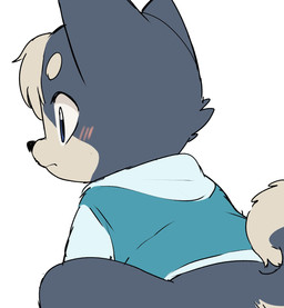 anthro blue_body blue_fur blush bottomless clothed clothing crouching fur hair hoodie hoodie_only male simple_background solo tail topwear topwear_only white_background white_hair young young_anthro young_male manmosu_marimo ichi_inukai canid canine canis domestic_dog mammal 2023 cropped hi_res preview