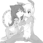 4_fingers anthro blush duo eyes_closed female female_anthro fingers genitals hair kemono long_hair navel nude nude_anthro nude_female one_eye_closed pussy raizinndz short_snout simple_background sitting smile spread_legs spreading white_background felid feline lagomorph leporid mammal rabbit 1:1 2014 digital_drawing_(artwork) digital_media_(artwork) greyscale monochrome