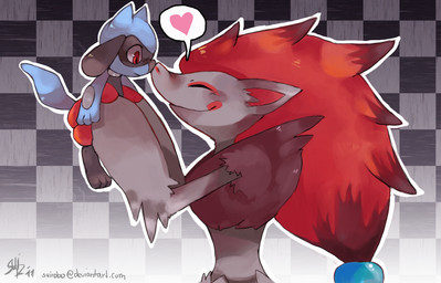 ambiguous_anthro ambiguous_gender anthro duo eyes_closed hair happy heart_symbol holding_character kemono larger_ambiguous larger_anthro long_hair nose_to_nose pattern_background red_eyes side_view simple_background size_difference smaller_ambiguous smaller_anthro smile tail y2k_(graphic_design) young young_ambiguous young_anthro suizilla nintendo pokemon canid canine generation_4_pokemon generation_5_pokemon mammal pokemon_(species) riolu zoroark hi_res