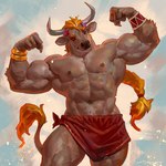 2_horns abs anthro barazoku biceps big_muscles biped blonde_hair bottomwear brown_body brown_fur clothed clothing curved_horn flexing flexing_bicep flexing_both_biceps fur hair horn loincloth loincloth_only looking_at_viewer male muscular muscular_anthro muscular_male pecs red_bottomwear red_clothing red_loincloth solo standing topless yellow_eyes taran_fiddler bovid bovine cattle mammal 1:1 2024 hi_res