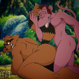 anthro brown_body brown_fur butt cheek_tuft duo eyes_closed facial_tuft fluffy fluffy_tail fur fur_tuft hair looking_at_another looking_back looking_back_at_another male markings narrowed_eyes nude_anthro nude_male open_mouth open_smile smile striped_body striped_fur striped_markings striped_tail stripes tail tail_markings teeth tongue tuft fabfelipe filmation pinocchio pinocchio_and_the_emperor_of_the_night igor_(pinocchio_and_the_emperor_of_the_night) sylvester_j._scalawag haplorhine mammal monkey primate procyonid raccoon 1:1 2019 chromatic_aberration digital_media_(artwork) hi_res