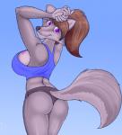 anthro big_breasts breasts brown_hair butt clothed clothing countershading female hair looking_at_viewer looking_back purple_eyes simple_background smile solo tattoo conditional_dnp zp92 chloe_shiwulf canid canine canis mammal wolf adobe_photoshop_(artwork) corel_painter_(artwork) digital_media_(artwork) hi_res paint_tool_sai_(artwork)