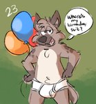 anthro balloon birthday black_text blue_balloon briefs briefs_only brown_eyes brown_nose bulge clothed clothing dialog_balloon fur green_background grey_seam_briefs half-closed_eyes inflatable male markings narrowed_eyes open_mouth open_smile orange_balloon red_balloon simple_background smile solo spots spotted_markings tan_body tan_fur text tighty_whities tongue_showing toony topless underwear underwear_only white_briefs white_clothing white_text white_underwear mushketeery mushy_(mushketeery) mushy_(mushketeteery) hyena mammal english_text hi_res