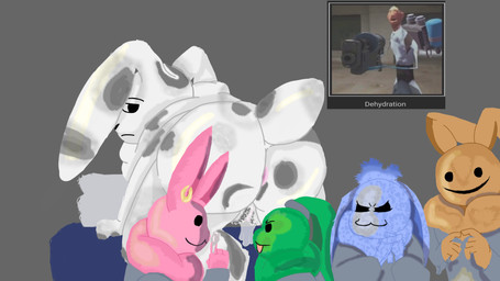 :3 all_fours ambiguous_gender anthro bed bodily_fluids butt dripping female furniture genital_fluids group imminent_orgy imminent_sex lube lube_on_fingers male patterned_butt patterned_fur precum precum_drip presenting presenting_hindquarters size_difference unimpressed buffythemoth animal_hospital intern_(animal_hospital) tofu_(buffythemoth) domestic_rabbit flemish_giant lagomorph leporid mammal oryctolagus rabbit hi_res