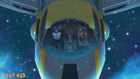 anthro armband barefoot black_hair black_nose blue_eyes bottomwear clothing duo feet fur grey_body grey_fur hair hands_behind_back holding_object looking_at_another looking_up male musclegut muscular pants piercing shirtless shoeless sitting space spacecraft star topwear vehicle window_reflection soradezwolfox adastra adastra_(series) echo_project amicus_(adastra) marco_(adastra) canid canine canis human mammal wolf 16:9 2024 hi_res widescreen
