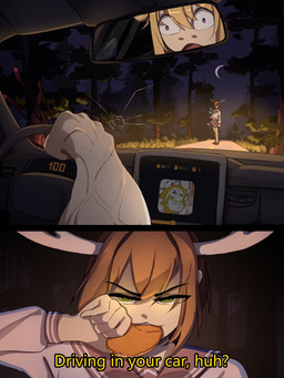 2_panel_comic 5_fingers asian_clothing blonde_hair brown_hair car clothed clothing dialogue driving duo east_asian_clothing female female/female fingers food forest grass green_eyes hair handle horn inside_car inside_vehicle mirror moon muscular muscular_arms muscular_female night outside plant red_eyes text tree vehicle vein veiny_arms yudsnuts asgore_running_over_dess deltarune my_deer_friend_nokotan undertale_(series) asgore_dreemurr koshi_torako noko_shikanoko animal_humanoid deer deer_humanoid human humanoid mammal mammal_humanoid 2025 3:4 absurd_res comic english_text hi_res meme