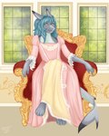 anthro blue_hair clothed clothing crossed_legs dipstick_ears dress ear_markings female front_view grey_body hair mouth_closed multicolored_ears pink_clothing pink_dress sitting solo white_body yellow_clothing yellow_dress yellow_eyes tiggybloom despia fish marine shark 4:5 hi_res