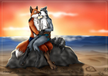 aki_raccoon anthro beach cloud detailed_background digitigrade duo eyes_closed jewelry kissing male male/male necklace outside romantic romantic_ambiance romantic_couple sand seaside sky sunset tail water conditional_dnp tani_da_real canid canine fox mammal procyonid raccoon red_fox true_fox