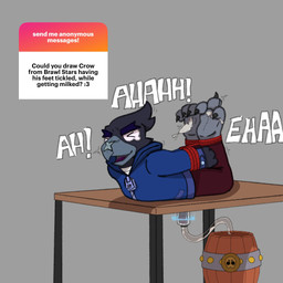 anthro bdsm bondage bound clothing feet foot_fetish genitals hogtied machine male milk milking_machine open_mouth penis penis_milking_machine soles solo text tickle_torture tickling tickling_feet mrpawpaw brawl_stars ngl supercell_(company) crow_(brawl_stars) 1:1 digital_media_(artwork) english_text hi_res