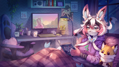 5_fingers anthro anthrofied bed bed_sheet bedding blue_eyes book chair clothing computer computer_keyboard computer_monitor computer_mouse container cup cutie_mark_print desk electronics female fingers fur furniture glistening glistening_hair hair holding_book holding_object mug multicolored_hair night office_chair pillow pink_body pink_fur pink_hair plant plant_pot plushie pokemorph poster reading reading_book ribbons_(anatomy) short_hair solo sweater table topwear white_body white_fur white_hair window tekahika alice_in_wonderland equestria_girls friendship_is_magic h._p._lovecraft hasbro my_little_pony nintendo pokemon the_dunwich_horror the_phantom_of_the_opera arys_(nosenses) fan_character sunset_shimmer_(eg) twilight_sparkle_(mlp) eeveelution generation_6_pokemon pokemon_(species) sylveon hi_res