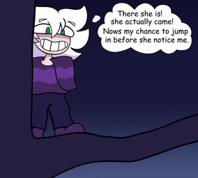 bottomwear clothing dialogue footwear green_eyes grin hair hiding in_tree male mischievous_smile night outside pale_skin pants plant possession purple_bottomwear purple_clothing purple_footwear purple_pants purple_shirt purple_shoes purple_topwear shirt shoes smile solo speech_bubble standing text topwear tree white_hair tabzdrawzstuff sega sonic_the_hedgehog_(series) blaze_the_cat unnamed_character domestic_cat felid feline felis human mammal 2025 absurd_res colored english_text hi_res
