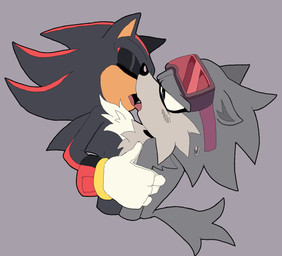 anthro black_body black_fur blush blush_lines bodily_fluids cheek_tuft chest_tuft clothing duo eyes_closed eyewear facial_tuft french_kissing fur gloves goggles grey_background grey_body grey_fur handwear holding_another inhibitor_ring kissing male male/male open_mouth red_stripes simple_background stripes sweat sweatdrop tan_body tan_skin tuft fuckwolfamy sega sonic_the_hedgehog_(series) shadow_the_hedgehog wolf_guy_(idw_sonic) canid canine canis eulipotyphlan hedgehog mammal wolf