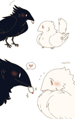 black_body black_feathers blush digit_ring duo feathers feral jewelry male red_eyes ring romantic romantic_couple wedding_ring white_body white_eyes white_feathers pegu2726 abby_(pegu2726) azure_(pegu2726) avian bird corvid corvus_(genus) crow oscine passerine 2024