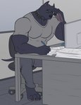 anthro barefoot clothing collar confusion eyewear feet glasses male muscular muscular_anthro muscular_male sitting slice_of_life solo taxes topwear v-neck writing_text fuf john_silver canid canine canis domestic_dog mammal absurd_res hi_res