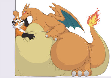 against_surface against_wall anthro belly belly_crush belly_on_ground belly_squish big_belly blush duo feral fire heart_symbol huge_belly hyper hyper_belly male morbidly_obese morbidly_obese_anthro obese obese_anthro overweight overweight_anthro pinned pinned_to_wall size_difference squish mighty_creation shikizshigls mythology nintendo pokemon canid canine charizard dragon fox generation_1_pokemon lizard mammal mythological_creature mythological_scalie pokemon_(species) red_fox reptile scalie true_fox 2026 hi_res