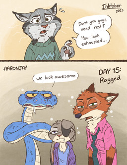 4_claws 4_fingers anthro apode arm_tuft armless asking_another biped black_claws black_eyebrows black_necktie black_nose black_text blue_body blue_clothing blue_scales blue_shirt blue_t-shirt blue_topwear blue_tuft bodily_fluids brown_ears brown_markings bubble buccinator cheek_tuft claws clothed clothed_anthro clothed_female clothed_male clothing conjoined_speech_bubble count countershade_fur countershade_scales countershading crossed_arms day_count dialogue dipstick_ears drooling ear_markings ear_over_eye elbow_tuft ellipsis emanata eye_markings eyebrows eyelashes facial_markings facial_tuft fangs female female_anthro feral finger_claws fingerpads fingers floppy_ears fluffy flying_sweatdrops front_view fur fur_tuft gloves_(marking) green_eyes grey_body grey_countershading grey_fur grey_markings grey_stripes grey_tuft group handpaw head_markings head_tuft inner_ear_fluff jacket larger_anthro larger_feral larger_male legless looking_at_viewer male male_anthro male_feral markings multicolored_ears narrowed_eyes neck_tuft necktie open_clothing open_jacket open_topwear orange_body orange_ears orange_fur orange_nose orange_tuft pawpads paws pink_clothing pink_dress_shirt pink_inner_ear pink_mouth pink_shirt pink_topwear pit_organ pointy_ears prick_ears pupils purple_clothing purple_eyes purple_jacket purple_topwear rabbit_ears ragged_clothing red_mouth red_tongue saliva scale_tuft scales scene_parody scuff_marks serpentine shirt simple_background size_difference smaller_anthro smaller_female snout speech_bubble squint striped_body striped_face striped_fur stripes sweat sweatdrop sweater t-shirt talking_feral tan_background tan_body tan_countershading tan_fur tan_inner_ear tan_inner_ear_fluff tan_tuft teeth text tired tongue topwear torn_clothing torn_shirt torn_topwear tuft two_panel_image ventral_scales whiskers white_speech_bubble white_whiskers worried yellow_sclera aar0njay cartoon_network disney inktober inktober_2025 steven_universe zootopia gary_de'snake judy_hopps nick_wilde pawbert_lynxley canid canine european_rabbit felid feline fox lagomorph leporid lynx mammal oryctolagus pit_viper rabbit red_fox reptile scalie snake true_fox viper 2025 artist_name colored comic digital_media_(artwork) english_text half-length_portrait hi_res portrait procreate_(artwork)