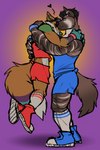 anthro athletic_wear bottomwear clothing duo footwear forehead_kiss hug male male/male shoes shorts sneakers wristband fetishame shuck canid canine fox hyena mammal yebra 2:3 absurd_res hi_res