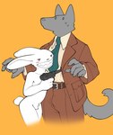 anthro clothed clothing crotch_tuft duo formal_clothing grin gun handgun luger male necktie nude pistol ranged_weapon simple_background smile tuft weapon xenopera sam_and_max max_(sam_and_max) canid canine lagomorph leporid mammal rabbit