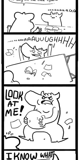 animated_gif anthro duo humor male moobs nerd overweight screaming text what redic-nomad animated animated_comic comic english_text hi_res monochrome short_playtime