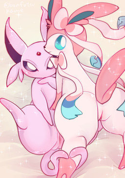 bedding black_nose blue_eyes blush butt duo female feral fluffy fluffy_tail fur genitals leg_markings looking_at_viewer markings pawpads pink_body pink_ears pink_fur pink_paws purple_body purple_eyes purple_fur rear_view ribbons snout socks_(marking) sparkles spread_legs spreading tail tail_hug take_your_pick thin_tail vulva white_body white_fur bonfutsukame nintendo pokemon eeveelution espeon generation_2_pokemon generation_6_pokemon pokemon_(species) sylveon hi_res