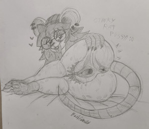 anthro anus beanie bed big_butt bodily_fluids butt butt_grab claws clitoral_hood clitoris clothing ear_piercing ear_ring eyelashes eyeshadow eyewear feet female fur furniture genital_fluids genitals glasses hair hand_on_butt hat headgear headwear heart_symbol humanoid_genitalia humanoid_vulva looking_at_viewer looking_back makeup markings messy_hair mouse_ears naughty_smile on_bed piercing plump_labia presenting presenting_anus presenting_vulva pubes ring_piercing round_glasses short_stack solo spiky_hair spots spotted_body spotted_fur spread_vulva spreading tail teasing teasing_viewer teeth text thick_thighs toe_claws tongue tongue_out urethra vaginal_fluids vulva wearing_glasses white_body white_fur boobfan06 fan_character nita_(boobfan06) mammal murid murine rat rodent 2025 graphite_(artwork) hi_res signature sketch traditional_media_(artwork)