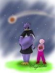 3:4 anthro avian beak bird comet coo_(kirby) digital_media_(artwork) duo eyes_closed feathers hair hi_res human kirby kirby's_dream_land_3 kirby_(series) mammal maxim_tomato megaglitch(gw) nintendo owl pink_hair purple_body purple_feathers standing