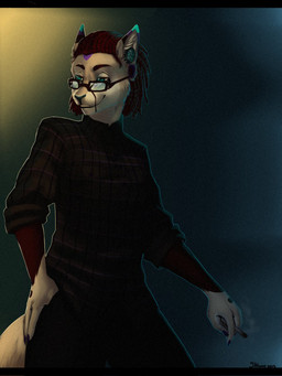 anthro biped clothed clothing dreadlocks ear_piercing eyewear female glasses piercing simple_background smile solo standing teeth hitmore felid mammal 3:4 hi_res