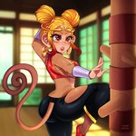 action_pose anthro blonde_hair bottomwear brown_body brown_fur butt clothed clothing curled_tail dojo female fighting_pose fur furgonomics furry-specific_piercing gold_(metal) gold_jewelry hair jewelry martial_arts on_one_leg pants piercing pose solo standing tail tight_bottomwear tight_clothing tight_pants yellow_eyes yoga_pants ichig8miruku_(artist) sonyu_tainkong haplorhine mammal monkey primate 2023 hi_res