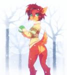 2019 activision anthro bottomless breasts brown_hair butt clothed clothing deer elora faun_(spyro) featureless_crotch female green_eyes hair handwear kempferzero looking_at_viewer looking_back mammal mittens outside plant rear_view scut_tail short_hair short_tail smile snow snowball snowing solo spyro_reignited_trilogy spyro_the_dragon standing sweater tail topwear tree winter