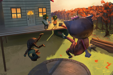3_fingers ambiguous_gender anthro autumn axe beak blue_body blue_eyes blue_fur boots bottomwear building clothed clothing day door feathers fingers footwear fur green_body green_feathers group hat head_tuft headgear headwear holding_object jumping melee_weapon midair notched_ear on_model open_mouth orange_clothing orange_shirt orange_topwear outside pants paws plant purple_body purple_fur red_eyes shadow shirt shoes standing topwear trampoline tree tuft weapon window gamgyuls night_in_the_woods germ_warfare_(nitw) mae_borowski avian bird domestic_cat felid feline felis mammal 3:2 absurd_res digital_media_(artwork) digital_painting_(artwork) hi_res painting_(artwork) female_(lore) male_(lore)
