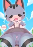 anthro clothed clothing embarrassed female genitals grass looking_at_viewer looking_down no_underwear open_mouth outside plant pussy sky solo upskirt kajiura animal_crossing nintendo rosie_(animal_crossing) domestic_cat felid feline felis mammal