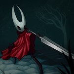 2_horns ambiguous_gender biped black_body black_eyes cloak clothing female fingers holding_melee_weapon holding_object holding_weapon horn melee_weapon pose red_cloak red_clothing solo standing weapon white_head pikefish hollow_knight team_cherry hornet_(hollow_knight) arthropod 1:1 2025 digital_media_(artwork) hi_res female_(lore)