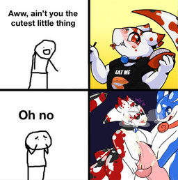 2_penises animal_genitalia animal_penis anthro big_penis black_clothing black_shirt black_topwear blue_eyes blush bodily_fluids breath breathing cetacean_genitalia cetacean_penis choker cloaca cloacal_penis clothing collar cum cum_on cum_on_body cum_on_chest cum_on_face cum_on_own_face cum_on_self duo eating ejaculation fin food frottage genital_fluids genitals glistening glistening_body heart_symbol hearts_around_head hemipenes huge_penis jewelry looking_down looking_pleasured male male/male multi_genitalia multi_penis necklace penile penis penises_touching red_eyes sex shirt slightly_chubby slightly_chubby_anthro slightly_chubby_male tail tapering_penis text thick_tail thick_thighs topwear wavy_mouth wide_hips caffeinekobold mythology tribal_hunter vtuber hakarisquish amur_carp aquatic aquatic_dragon carp cetacean cyprinid cypriniform dragon fish koi mammal mythological_creature mythological_scalie scalie shark typical_carp english_text hi_res meme