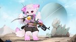 clothing female fur gun pink_body pink_fur ranged_weapon solo weapon young yupa rimworld canid canine fox mammal 16:9 absurd_res hi_res widescreen