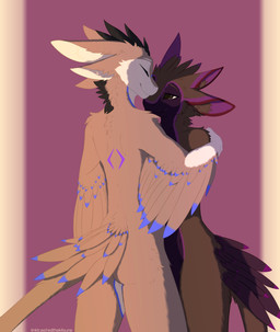 anthro arm_feathers black_eyes duo eye_contact eyes_closed feathers fluffy fur grey_body grey_inner_ear_fluff hug hugging_another inner_ear_fluff looking_at_another male male/male multi_ear multicolored_body multicolored_fur simple_background standing tail tail_feathers tuft white_hands white_inner_ear_fluff red_the_kitsune apophanie avali 2025 absurd_res digital_media_(artwork) hi_res line_art shaded watermark
