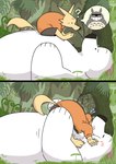 belly big_belly black_nose blush bottomwear clothing detailed_background dot_eyes duo eyes_closed kemono lying overweight question_mark shorts sitting size_difference white_body panda_po ghibli my_neighbor_totoro totoro bear canid canine fox mammal polar_bear ursine 2024 hi_res