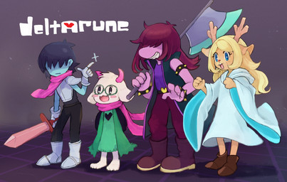 4_toes armor axe barefoot blue_body blue_eyes blue_skin blush bracelet clothed clothing cute_fangs eyewear fangs feet female freckles fur glasses group hair hair_over_eyes horn jewelry male melee_weapon obscured_eyes plantigrade purple_body robe scarf sparkles spiked_bracelet spikes sword tan_body tan_fur teeth toes weapon white_body white_clothing white_fur white_robe mikeli_li deltarune undertale_(series) kris_dreemurr noelle_holiday ralsei susie_(deltarune) bovid caprine deer dinosaur goat human mammal new_world_deer prehistoric_species reindeer reptile scalie
