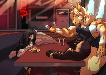 anthro beverage coffee dialogue diner duo feathers food hooves horn male male/male restaurant wings chalk_outline mythology hill_(chalk_outline) avian bird corvid corvus_(genus) crow equid equine mammal mythological_creature mythological_equine oscine passerine unicorn 2026 hi_res