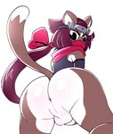 accessory anthro anus arm_warmers armwear backsack balls bottomless bow_ribbon brown_body brown_fur butt clothed clothing crop_top dipstick_tail face_mask femboy fur genitals hair hair_accessory hair_bow hair_ribbon headband kneeling kusarigama long_hair looking_back male markings multicolored_body multicolored_fur ninja penis perineum rear_view red_eyes red_hair ribbons scarf shirt simple_background solo tail tail_markings topwear two_tone_body two_tone_fur warrior white_background white_body white_fur anaugi amanita_manju_(anaugi) mammal mustelid musteline stoat true_musteline weasel 2025 hi_res